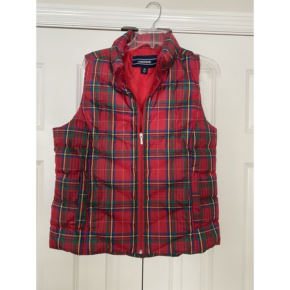 Lands End Down Vest Womens M 10-12 Tartan Red Plaid Puffer Jacket